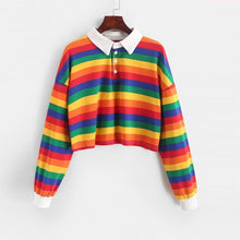 Load image into Gallery viewer, QRWR 2020 Polo Shirt Women Sweatshirt Long Sleeve Rainbow Color Ladies Hoodies With Button Striped Korean Style Sweatshirt Women