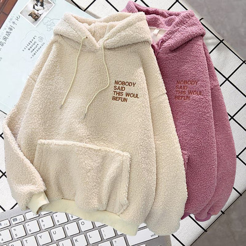 Autumn Winter Warm Hoodies Women Letter Embroidery Casual Loose Hooded Sweatshirt Plus Velvet Pocket Hoodies Solid Pullover Coat