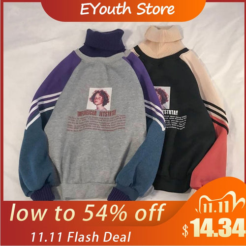 2020 Hoodie Sweatshirt Women Winter Oversize Tops Fashion Pattern Printed Sweatshirt Autumn Turtleneck Outerwear Warm Pullover